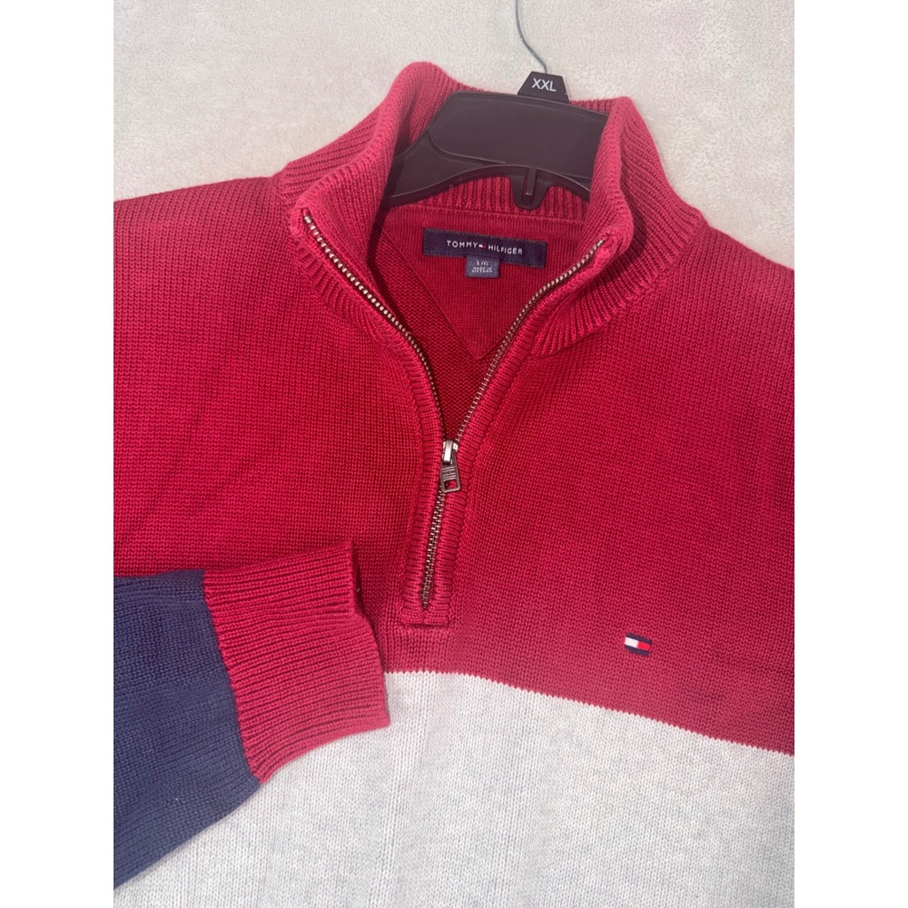 Tommy Hilfiger Mens Quarter Zip Colorblock Cotton Sweater Red White Blue Large